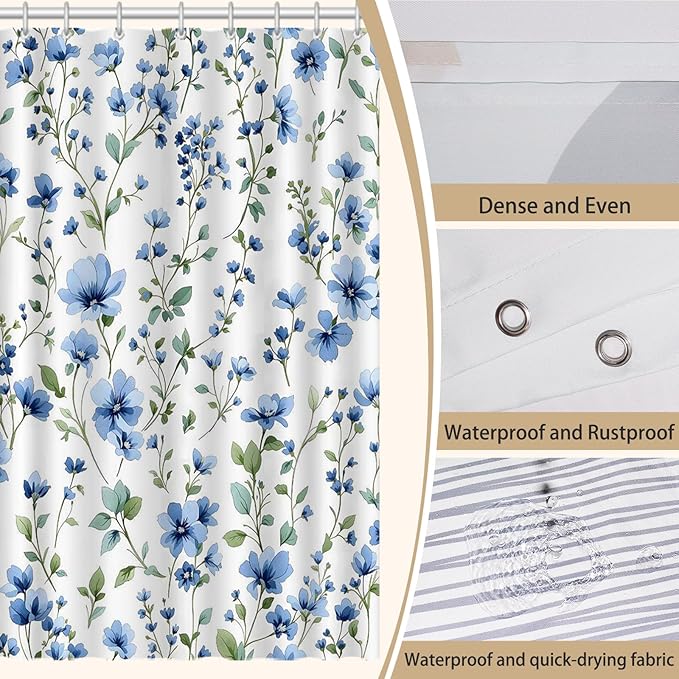 Blue Floral Shower Curtain，Cute Bright Wildflower Rustic Flower Blossom Farmhouse Leaves Botanical Cloth Fabric ，Waterproof Polyester Bathroom Home Decor Set with 12 Hooks，72 x 72 Inch