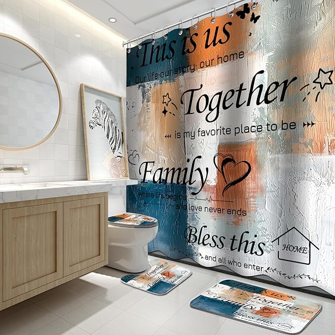 Lnond 4Pcs Bathroom Shower Curtain Sets with Rugs, Blue Orange Motivational Home Family Bathroom Sets with Shower Curtain and Rugs and Accessories