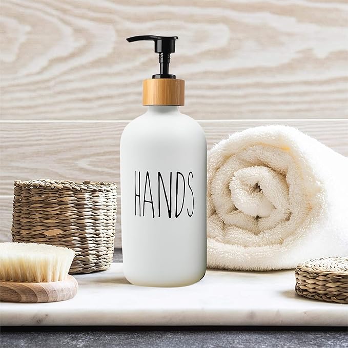 Sunrise Premium 16 OZ Thick White & Black Glass Soap Dispenser, Bamboo Pump with Tray 2 Pack, Hand and Dish Soap Dispenser Set for Bathroom with 6 Waterproof Labels