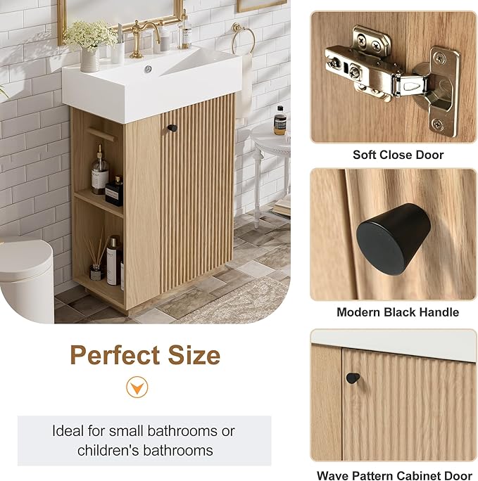 Virubi 21.6" Small Fluted Bathroom Vanity with Sink,Soft Closing Doors and Storage Shelves,Natural Wood Single Bathroom Sink Cabinet Combo Freestanding, Natural Wood