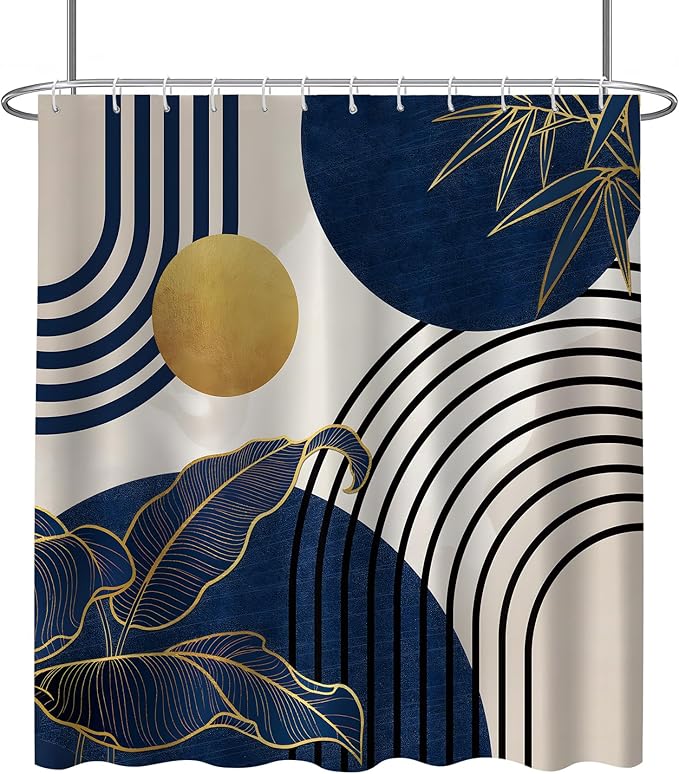FZDHHY 4Pcs Blue Shower Curtain Set, Boho Bathroom Sets, Bamboo Leaf Bathroom Shower Bathroom Sets with Shower Curtain and Rugs, Shower Curtain with 12 Hooks