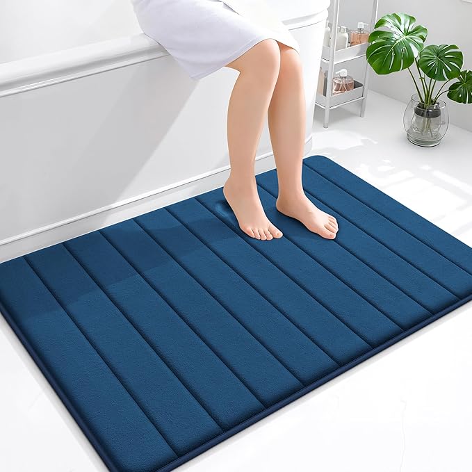 OLANLY Memory Foam Bath Mat 44x32, Super Soft Absorbent Bathroom Rugs, Quick Dry, Machine Washable Shower Floor Rugs, Bathmat Carpet, Bathroom Home Decor Accessories, Navy Blue