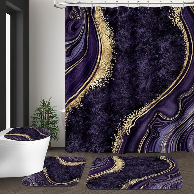 4PCS Purple Gold Marble Shower Curtain Sets with Rugs, Abstract Bathroom Sets with Shower Curtain and Rugs, Modern Bathroom Curtains Shower Set with Accessories for Bathroom Decor