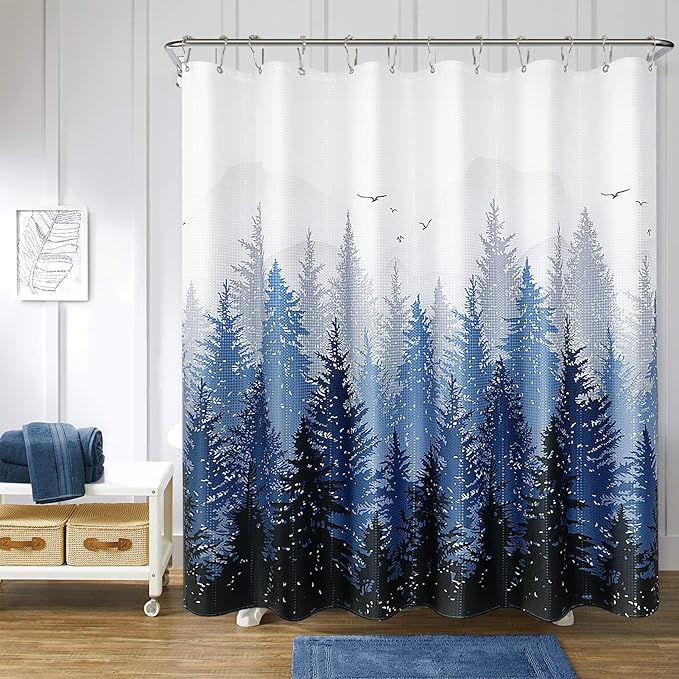 Hokibero Misty Forest Shower Curtain 72x90 Blue Shower Curtain Mountain Forest Nature Theme Extra Long Fabric Curtains for Bathroom Water Repellent Woodland