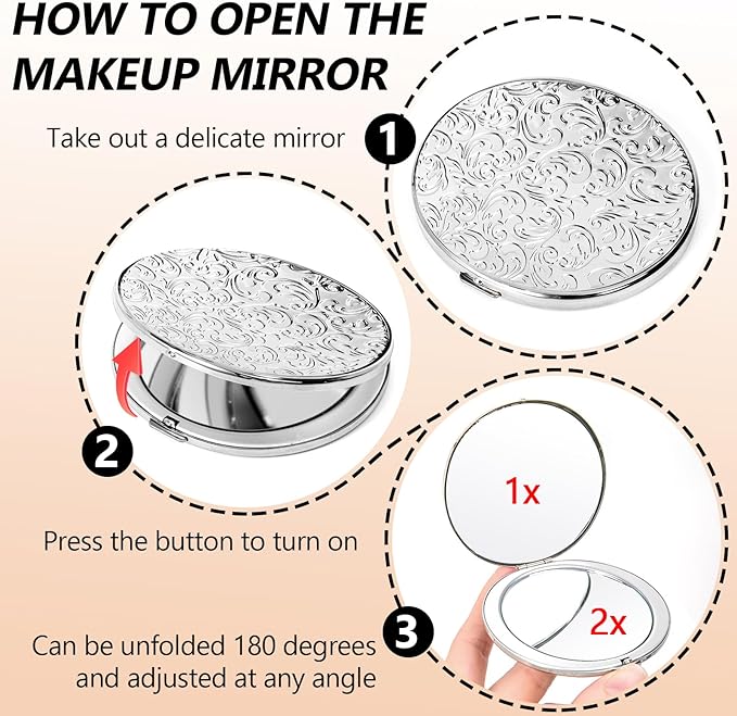 Oval Mini Portable Metal Folding Mirror, Beautiful and Elegant, Sturdy and Durable, 1X/2X Magnifier. (Oval Pattern Silver)
