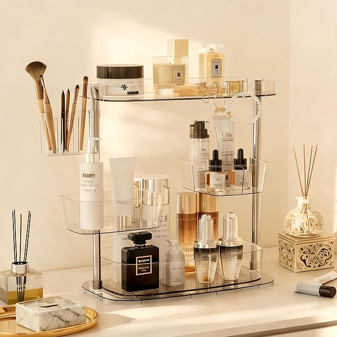 Rotating Makeup Vanity Organizer, Bathroom Countertop Cosmetic Skin Care Storage,Cosmetic Display Case with Brush Holder,for Skincare Perfume Cosmetics,Detachable Hanging Trays & Hooks