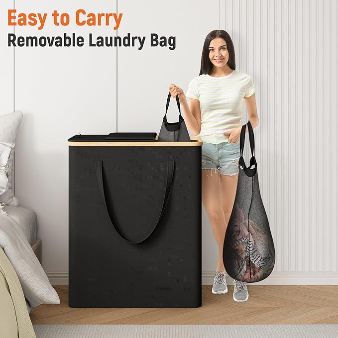 170L Laundry Hamper with Lid 3 Section, Extra Large Laundry Basket with 3 Removable Bags, Laundry Basket Organizer for Bedroom, Laundry Room, Dorm, Clothes Hamper, Black