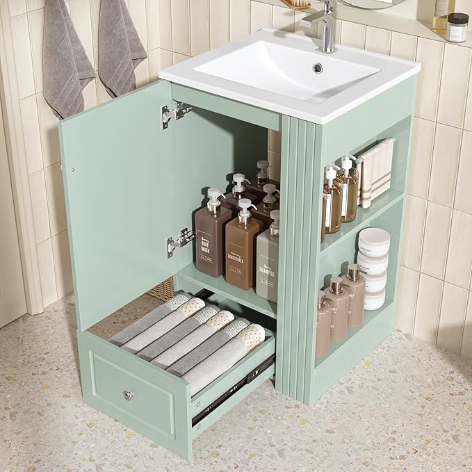 Virubi 20 in Small Bathroom Vanity with Sink,Drawer,Doors and Side Storage & Toilet Paper Holder, Solid Wood & MDF Modern Single Bathroom Sink Cabinet with Drawers,Freestanding (Green,20 in)