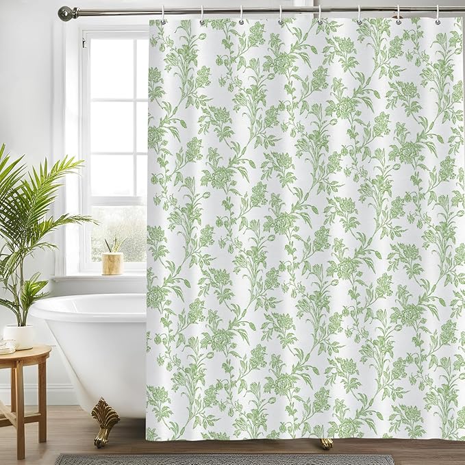 Seorsok Green Shower Curtain,Sage Floral Cotton Linen Cottagecore,Elegant Floral Fabric Shower Curtain Machine Washable Waterproof Bathroom Decor 72'Wx72'L inches