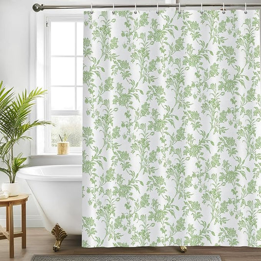 Seorsok Green Shower Curtain,Sage Floral Cotton Linen Cottagecore,Elegant Floral Fabric Shower Curtain Machine Washable Waterproof Bathroom Decor 72'Wx72'L inches