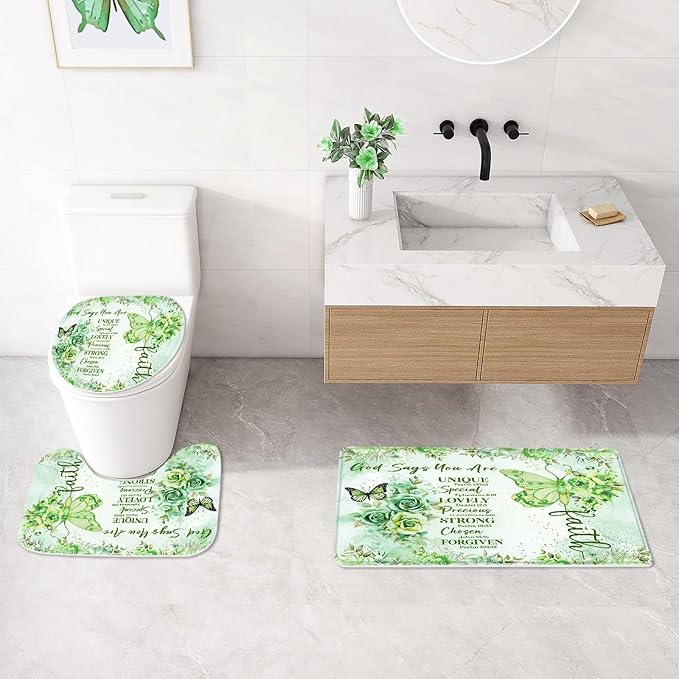 Litabel 4 Pcs Green Butterfly Inspirational Quotes Shower Curtain Set with Rugs and Toilet Lid Cover, Colorful Boho Waterproof Fabric Bathroom Set, Bible Verse Floral Bathroom Decor Set Accessories