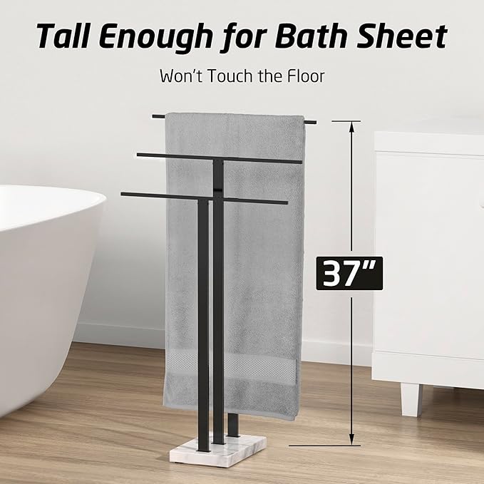 KES Standing Towel Rack with Marble Base, 3-Tier Towel Rack Stand for Bathroom Floor, Towel Racks for Large Bath Towel & Hand Towel, 18/8 Stainless Steel Matte Black, BTH217S3-BK
