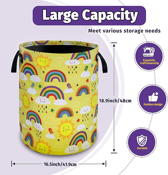 Sun Rainbow Laundry Basket Foldable Oxford Cloth With Handle Portable Children's Clothes Hamper Organizer Suitable For Laundry Room/Bedroom/Living Room/Children'S Room (18.9 Hx 16.5Dia)