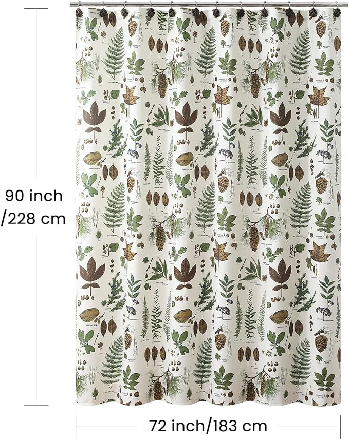 90 Inch Extra Long Shower Curtain, Vintage Botanical Specimen Print on Water-Resistant Polyester Fabric