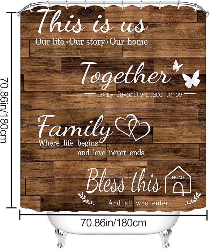 juwute 4Pcs Family Shower Curtain Sets with Non-Slip Rugs, Toilet Lid Cover and Bath Mat, Brown Home Bathroom Decor Set Accessories Waterproof Shower Curtains with 12 Hooks, 72 x 72 Inch