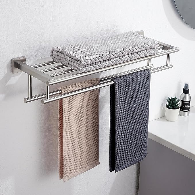 Bathroom Towel Rack with Double Towel Bar Bathroom Hotel Shower Shelf SUS304 Stainless Steel Modern Wall Mounted Holder 28 Inch Brushed Nickel