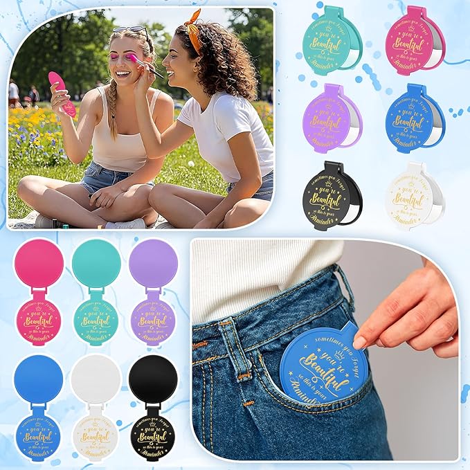 18 Pcs 2.76 Inch Inspirational Compact Mirror Bulk Galentines Women Small Gifts Valentine's Day Party Favors Purse Mirror Pocket Mini Stuffer Items for Adult Coworker Employee (Classic Colors)