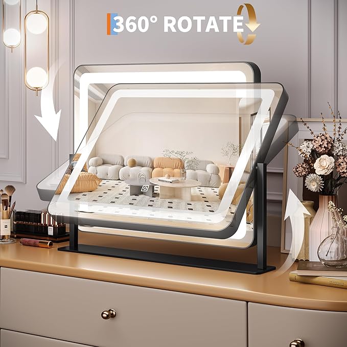 19.6 in x15.7 in Vanity Mirror with Lights, Large Lighted Mirror, LED Makeup Mirror with 3-Color Dimmable Modes and Smart Touch Control, Perfect for Desk or Bedroom, Vanity Desk Tabletop Makeup, White