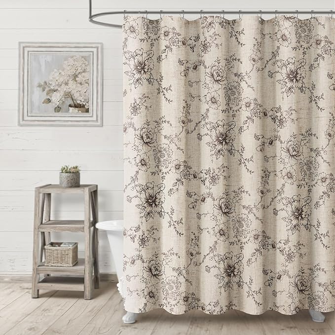 Farmhouse Floral Linen Shower Curtain, Vintage Brown Pattern Rustic Shower Curtains for Bathroom, Tan Taupe,72x72