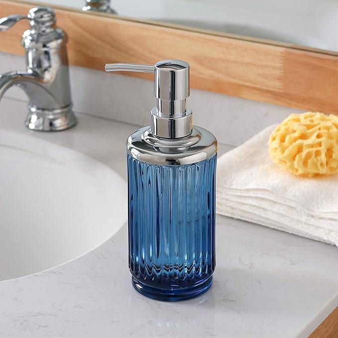 4PCs Heavy Weight Decent Blue Glass Bathroom Accessories Set with Decorative Pressed Pattern - Includes Hand Soap Dispenser & Tumbler & Soap Dish & Toothbrush Holder (Cobalt Blue)