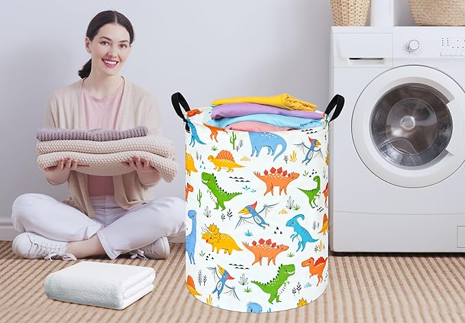 Round Dinosaur Pattern Laundry Hamper Clothes Storage Basket Fabric Storage Hamper Organization Storage Bin, Nursery Box,Gift Basket with Handles