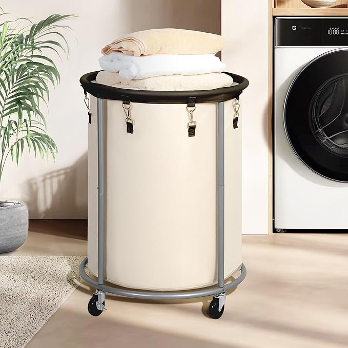 STO STO Rolling Laundry Hamper with Wheels – 185L (48 Gallon) Extra Large Industrial Clothes Laundry Basket with Removable Bag, Round Cart Sorter for Bedroom, Hotel, Beige & Brown