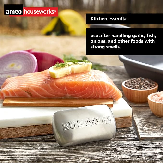 Amco Rub-a-Way Bar, Stainless Steel Odor Absorber (4" x 2.25") - Dishwasher Safe Kitchen & Outdoor Essential for Garlic, Onion, Fishing, Hiking Odors - Natural Odor Remover