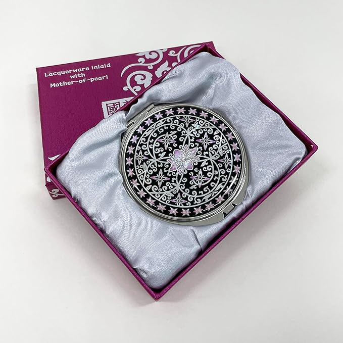 Portable Makeup Compact Double Magnifying Mirror Cosmestic Foldable Pocket Style Unique Mother of Pearl Design (Ivy)