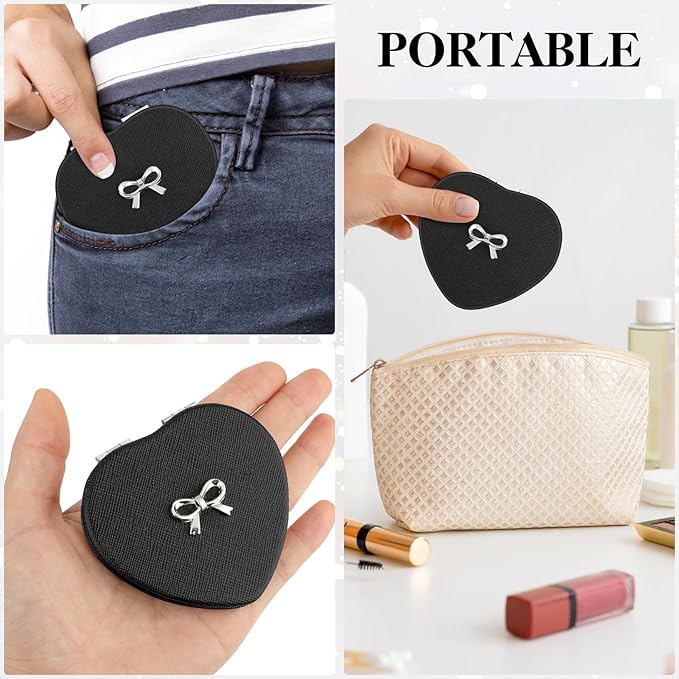 Qianyu Compact Folding Heart Shaped Double-Sided 1X/2X Magnifying Mini Glitter Makeup Mirror with PU Leather for Women Home, Office and Travel (Silver)