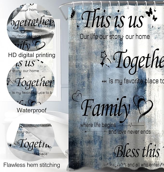 Lnond 4Pcs Bathroom Shower Curtain Sets with Rugs,Navy Blue and White Motivational Home Family Bathroom Sets with Shower Curtain and Rugs and Accessories