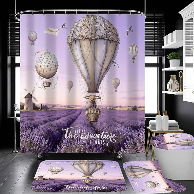 jieprom 4 Piece Purple Lavender Shower Curtain Set with Rugs, Hot Air Balloon & Windmill Landscape Art, Romantic French Country Aesthetic Bathroom Decor, Non-Slip Mats, Waterproof Fabric