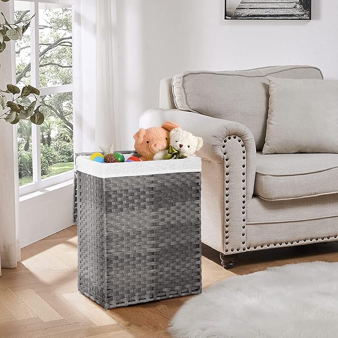 Paylesshere Laundry Basket Handwoven Laundry Hamper 90L/110L Foldable Rattan Hamper With Lid,2 Removable Liner Bags & 6 Laundry Bags,Clothes Hamper Bathroom Laundry Basket,Grey