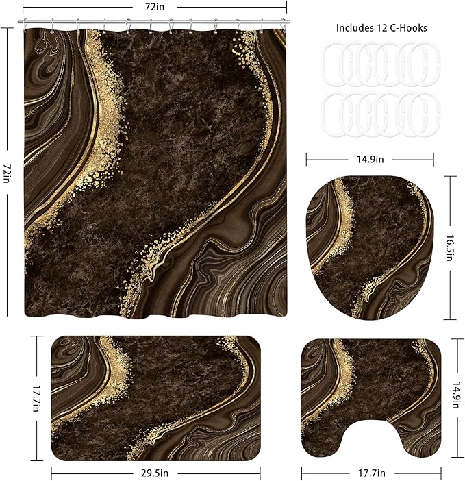 4PCS Brown Marble Shower Curtain Sets with Rugs, Abstract Bathroom Sets with Shower Curtain and Rugs, Modern Bathroom Curtains Shower Set with Toilet Lid Cover Accessories for Bathroom Decor