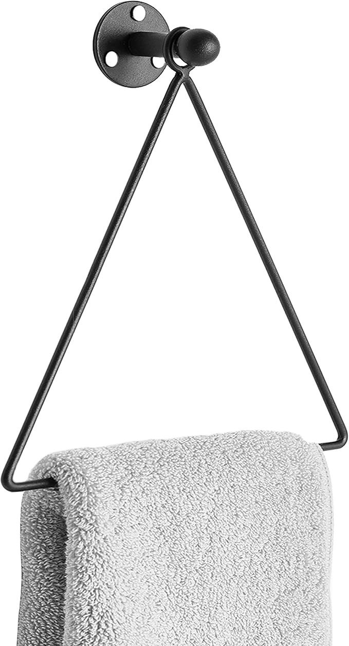 MyGift Hand Towel Holder Wall Mounted, Bath Hand Towel Rack, Triangular Towel Ring for Bathroom/Kitchen Accessories, Matte Black Metal