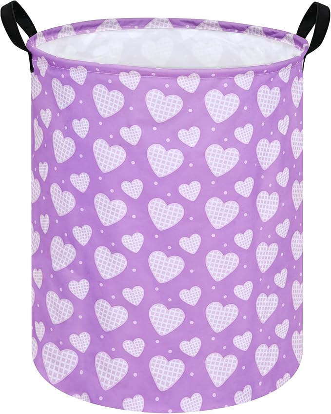 Round Valentine's Heart Pattern Laundry Hamper Clothes Storage Basket Fabric Storage Hamper Organization Storage Bin, Nursery Box,Gift Basket with Handles