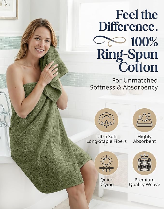 Lane Linen 100% Cotton Luxury Bath Towel Set - 16 Pieces - Ring Spun, Super Soft & Highly Absorbent - 4 Bath, 8 Washcloths, 4 Hand Towels for Bathroom - Minimal Lint & Fading, Pre Shrunk - Olive Green