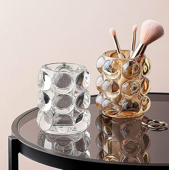 KNC Pen Pencil Container Multi-Purpose Handcrafted Comb Makeup Brush Holder Office Desk Accessories Storage Cosmetic Tools Organizer (Amber)