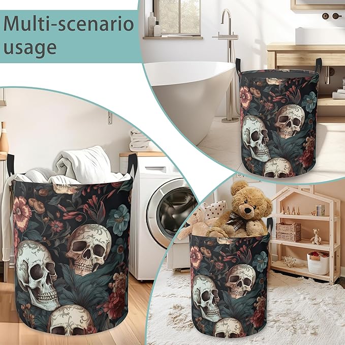 Laundry Hamper Foldable Oxford Cloth Retro Skull Flower Laundry Basket With Handle Portable Clothes Storage Organizer Basket Storage Bag For Laundry Room/Bedroom/Bathroom