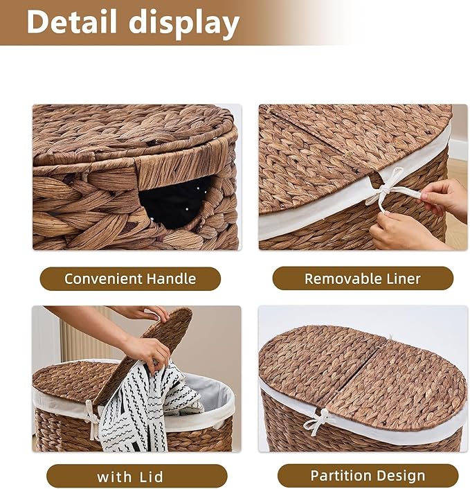 Oval Laundry Hamper with Lid and 2 Removable Bags, Handwoven Natural Water Hyacinth Laundry Basket for Bathroom or Bedroom, 70L, Espresso
