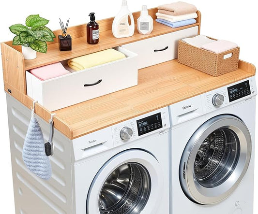 VEVOR 2 Drawers Washer Dryer Countertop with Shelf, 54" x 27" Wooden Laundry Countertop with 2 Hooks & Splicing Panels, Washer and Dryer Topper, Laundry Room Organization and Storage, Natural