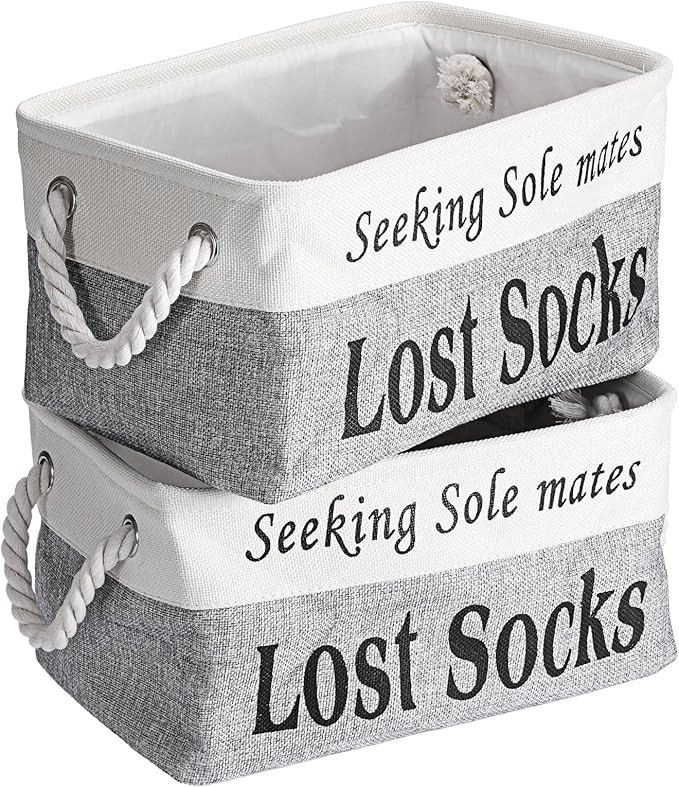 2 Pack Lost Socks Basket for Laundry Room, Fabric Missing Sock Holder for Single Sock Organization, Collapsible Lost Socks Bin Stockings Container, Farmhouse Laundry Room Decor and Accessories