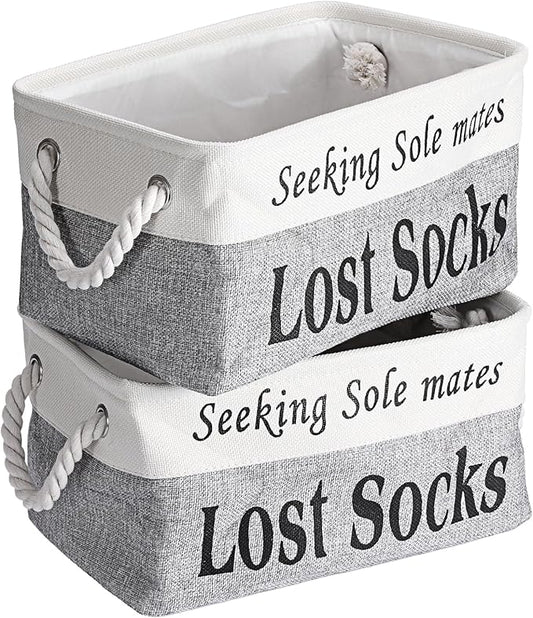 2 Pack Lost Socks Basket for Laundry Room, Fabric Missing Sock Holder for Single Sock Organization, Collapsible Lost Socks Bin Stockings Container, Farmhouse Laundry Room Decor and Accessories