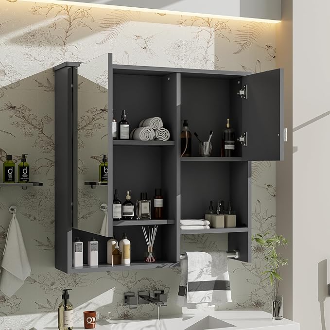 Merax Medicine Cabinet for Bathroom, Wall Mount Bathroom Cabinet with Mirror, Open Shelf, and Towel Bar, 29.5" W x 28.7" H Over The Toilet Mirrored Bath Wall Cabinet
