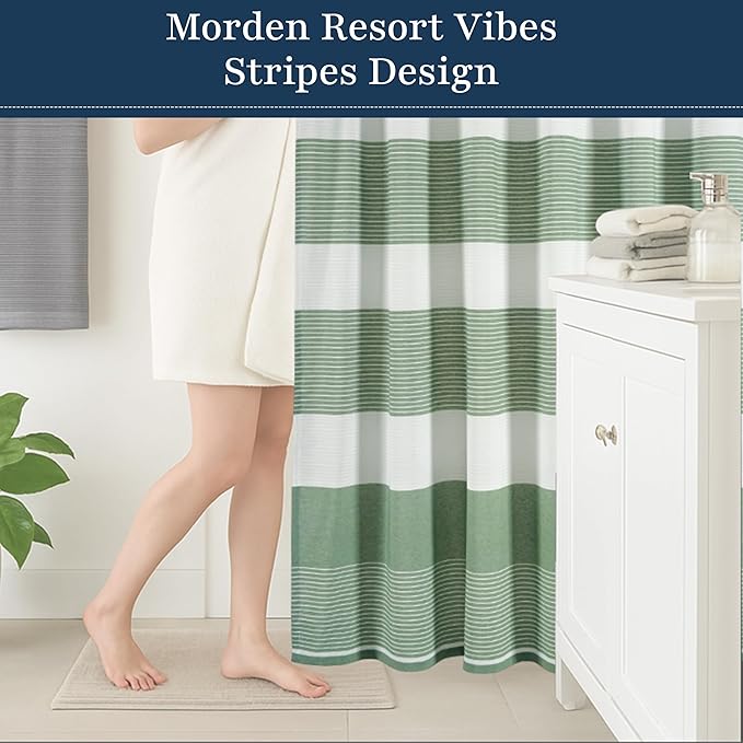 LANE LINEN Premium Striped Shower Curtain - 72 x 72 inches Standard Size - Modern Spa Style & Fast Drying - Decorative Curtain & Machine Washable - Reinforced Header with Metal Grommets - Sage Green