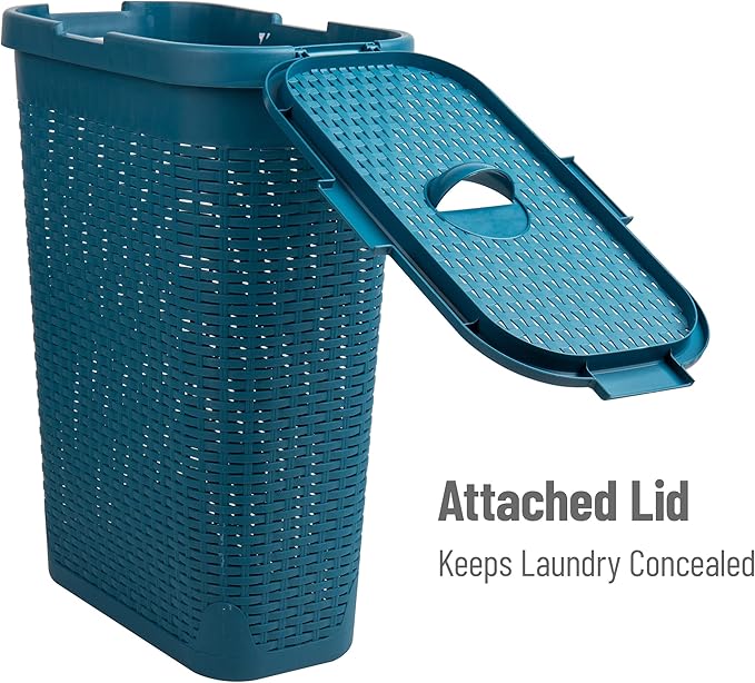 Mind Reader Slim Laundry Hamper with Lid, 40L Clothes Basket, Narrow Tapered Design with Ventilated Cutout Pattern, Plastic, Set of 2, Blue