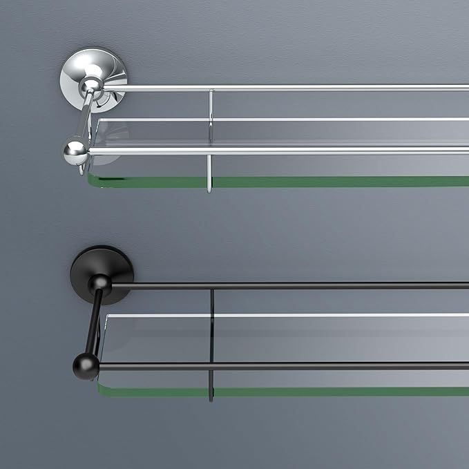 Gatco 1465MX Premier Tempered Glass Shelf, Matte Black/Wall Mounted 22" X 6" Floating Rectangle Glass Shelf with Railing for Bathroom Storage