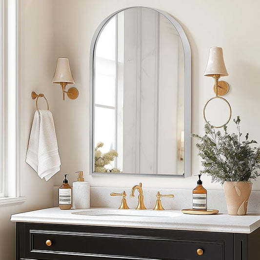 SogesHome 24"x36" Arched Medicine Cabinet with Mirror, Modern Decro Wall Mount Arched Mirror Cabinet, Recessed Bathroom Vanity Mirror with Storage with 2 Shelves,Silver