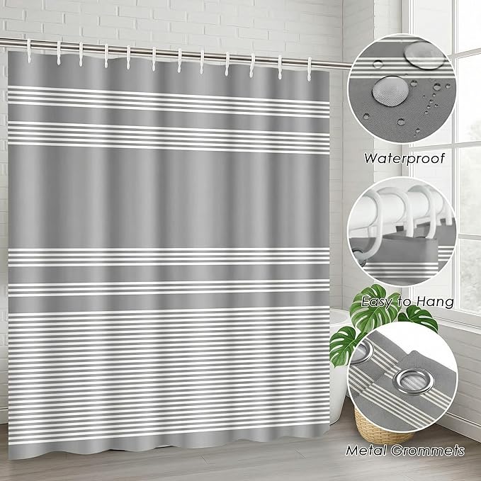 Grey Bathroom Decor and Accessories Set, Striped Gray Shower Curtain and Rug Set with Trash Can, Soap Dispenser, Soap Dish, Toothbrush Holder, Toothbrush Cup, Toilet Brush
