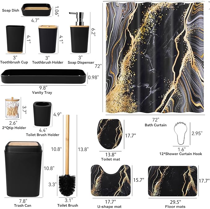 XLHOMO Bathroom Set Bathroom Sets with Shower Curtain and Rugs,Black Bathroom Accessories Set Waterproof Black and Gold Shower Curtain Set