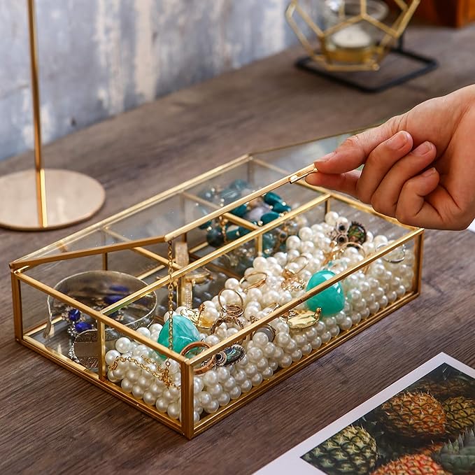 Vintage Glass & Brass Jewelry Box with 4 Compartments - Makeup Organizer, Cosmetic and Treasure Display Case, Elegant Storage Box for Vanity